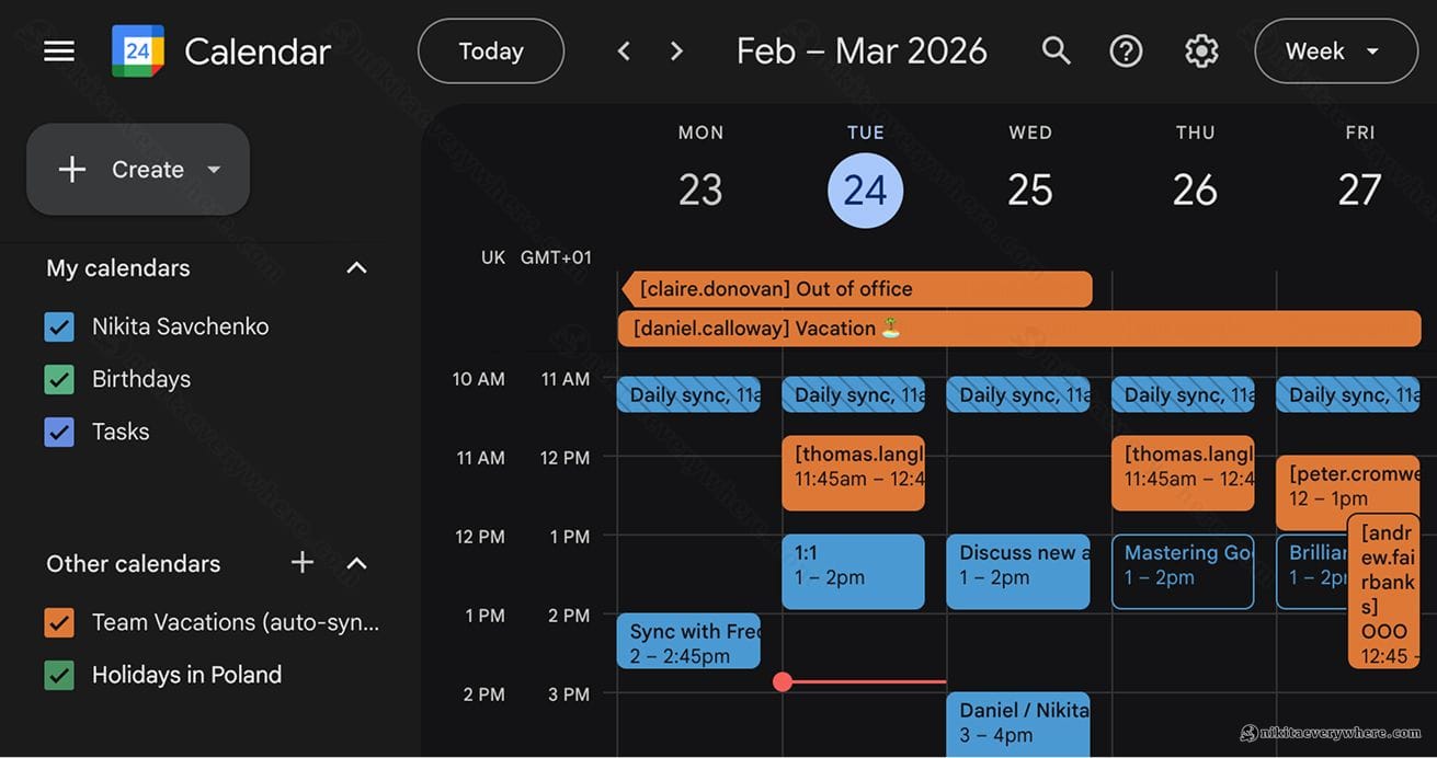 Shared vacation calendar showing team members' time off synced automatically