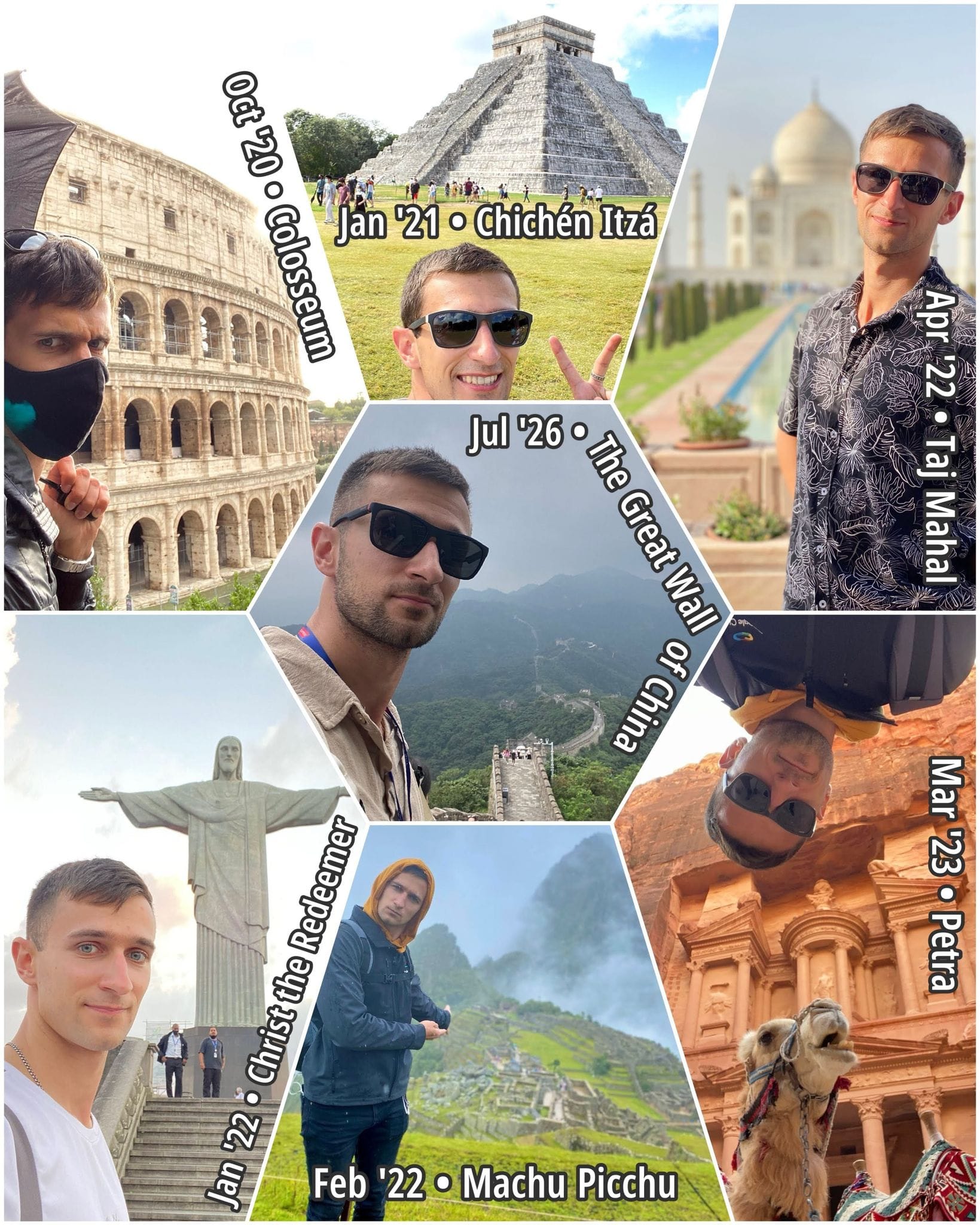 All seven New Wonders of the World, finished at the Great Wall of China