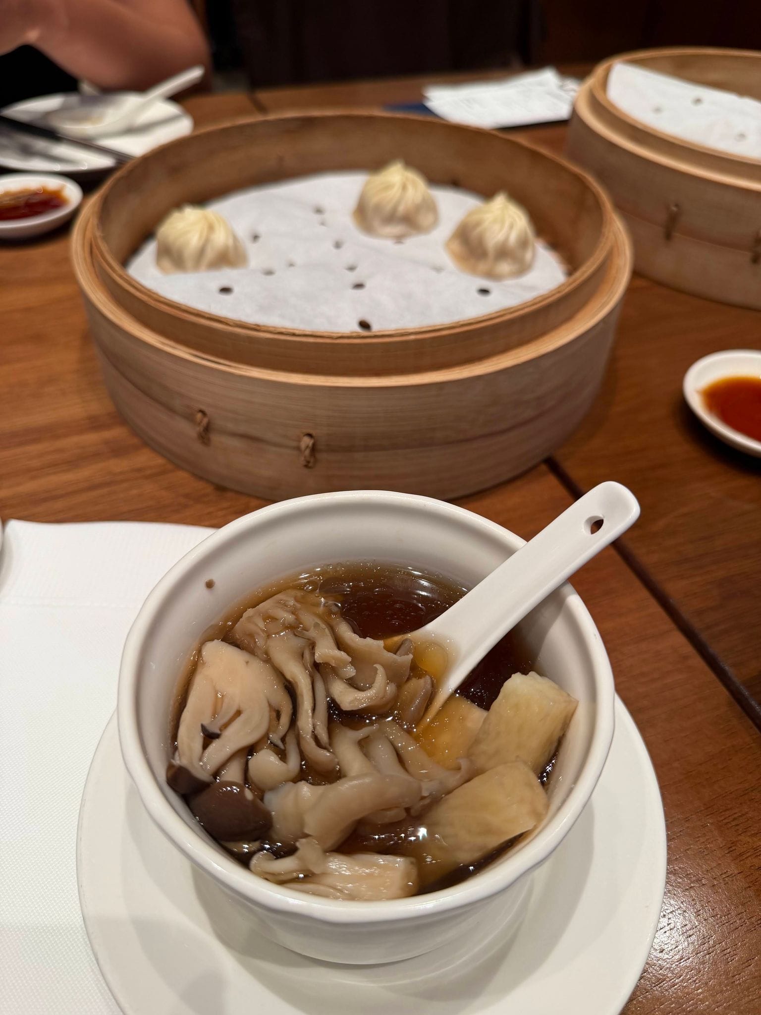 Xiaolongbao dumplings and soup on our first evening in Taipei