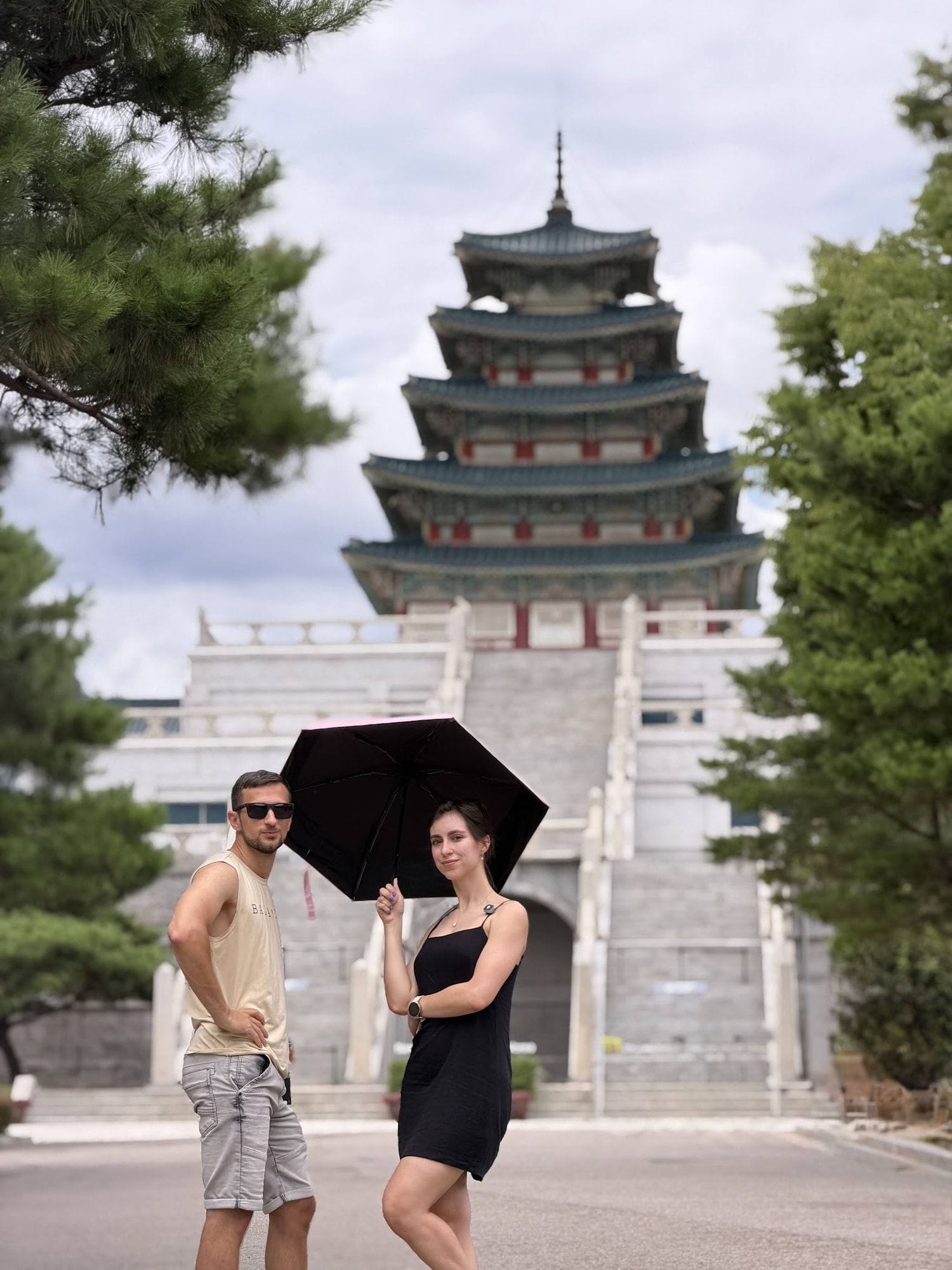 Us in front of the National Folk Museum pagoda on the Gyeongbokgung grounds