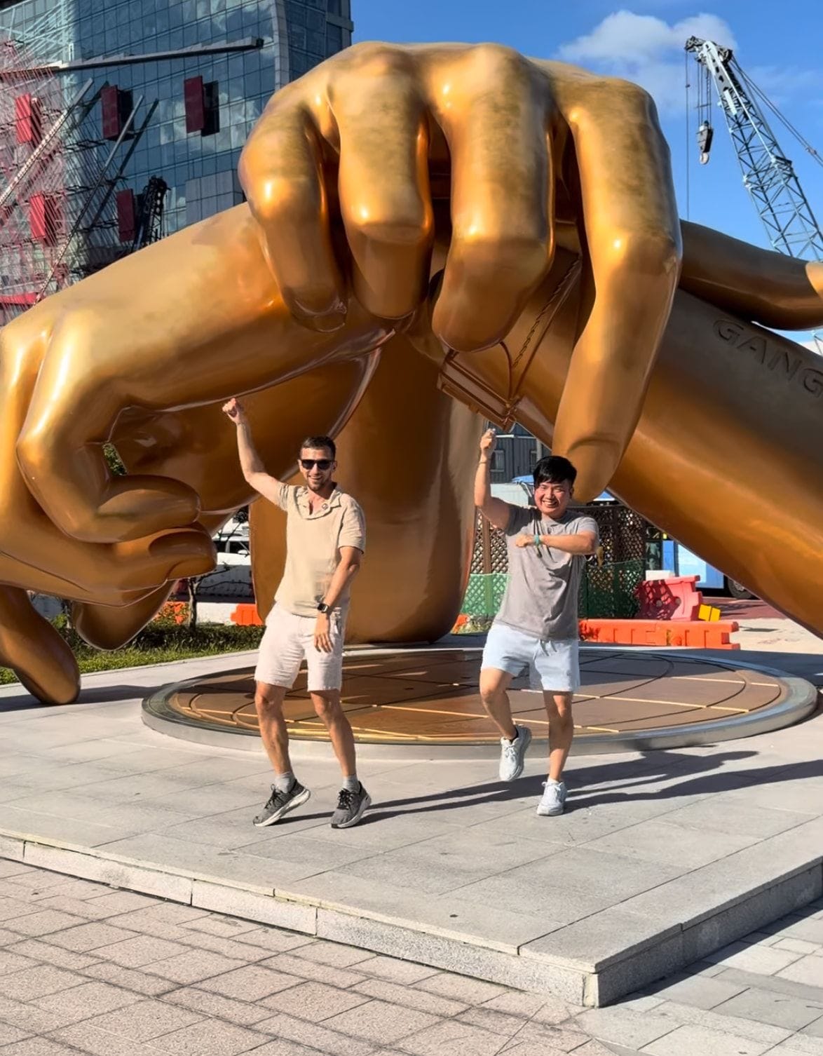 Dancing Gangnam Style with Stefan at the golden hands monument outside COEX