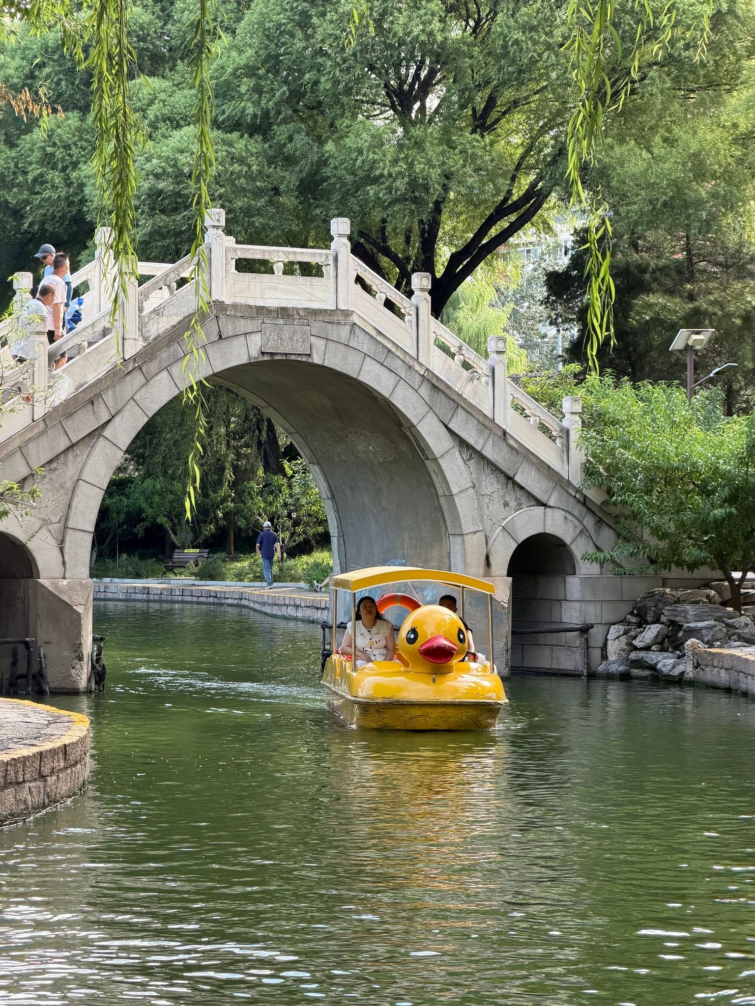 A stone arch bridge and a duck paddleboat in Tuanjiehu Park, Beijing