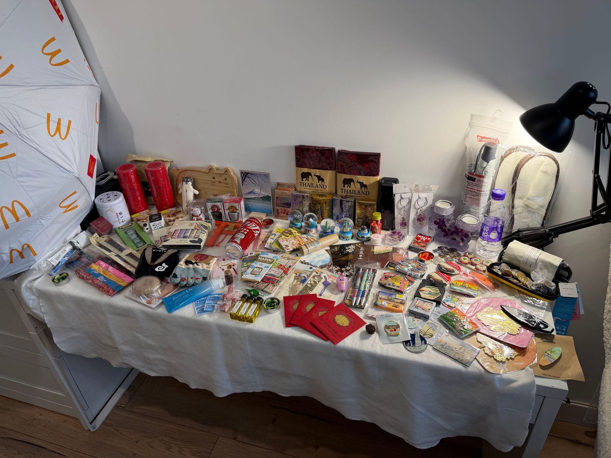 Souvenirs from nine countries, laid out at home