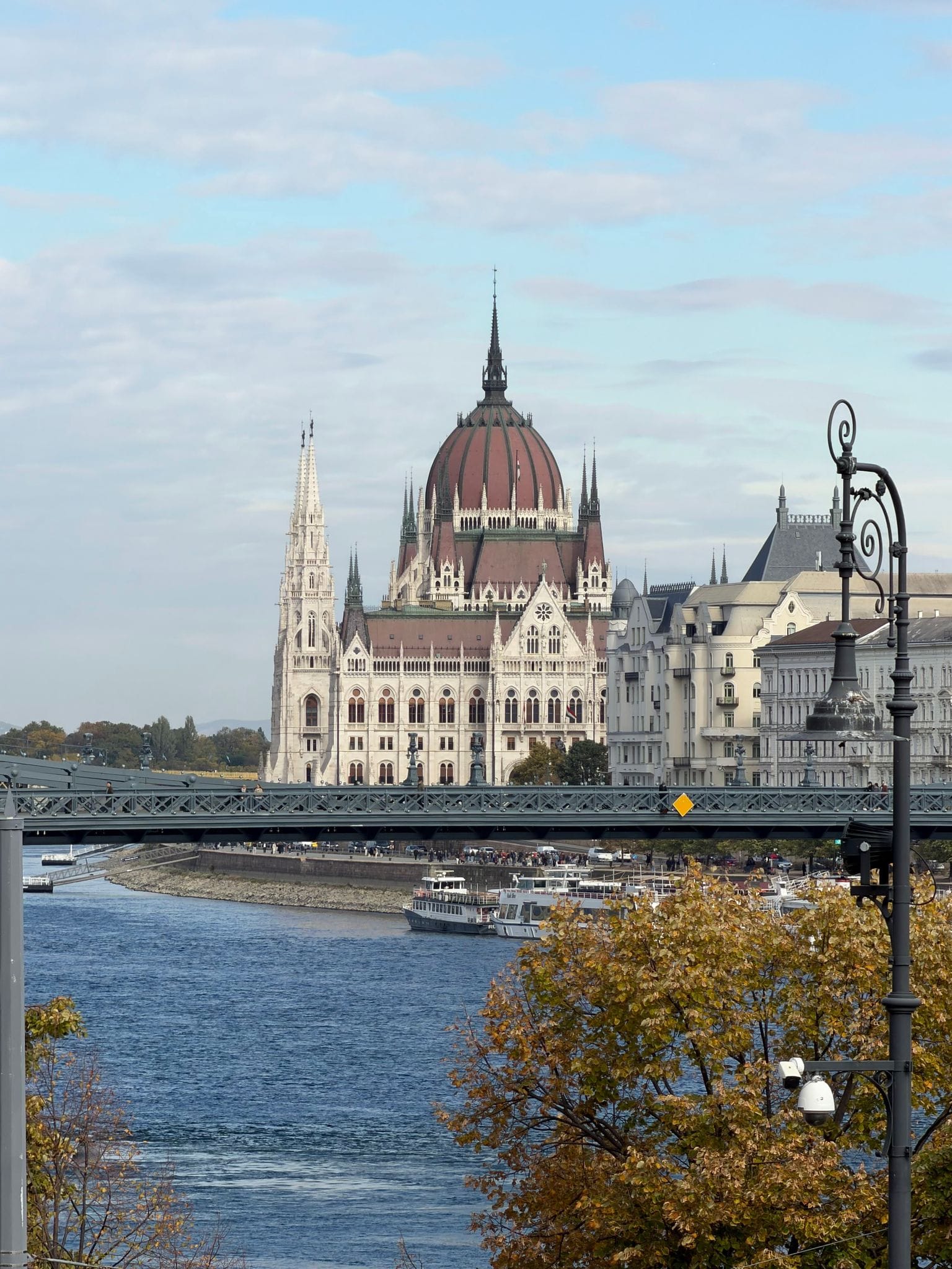 The Hungarian Parliament across the Danube from the Buda bank, autumn trees in front