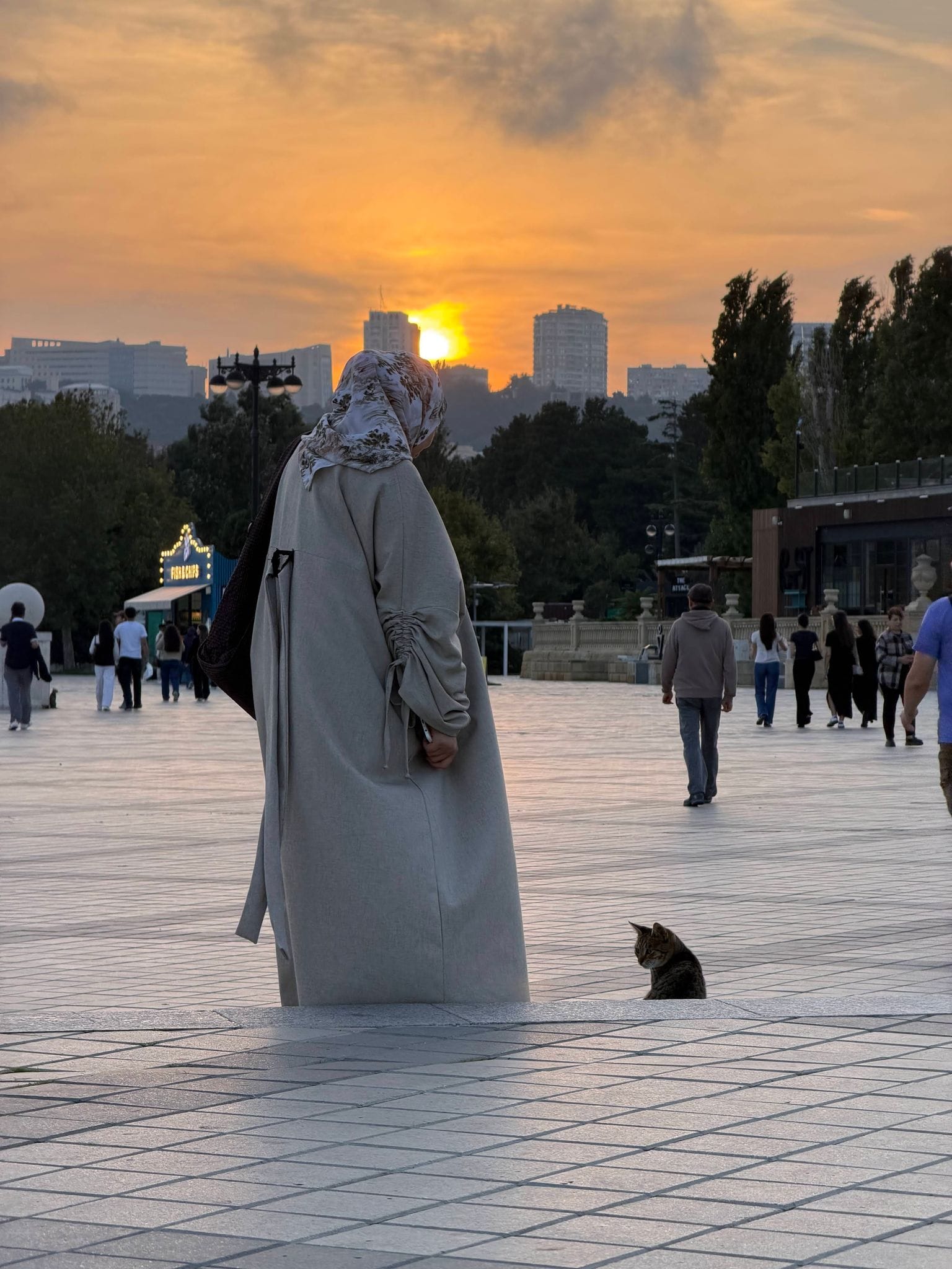A woman in a long coat and headscarf looking at a cat on the boulevard at sunset